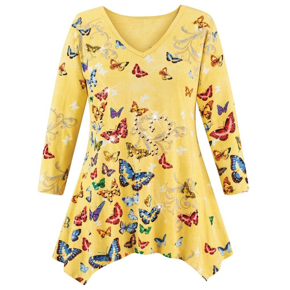 New XXL Yellow Sparkling Sequin Fluttering Butterflies SharkBite Knit Tunic